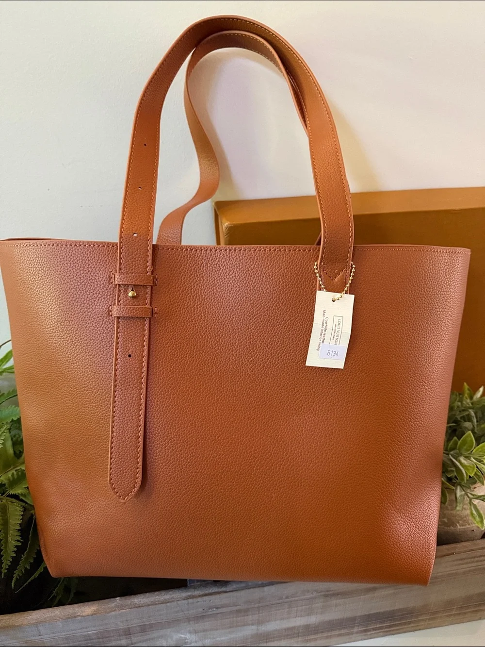Camel Leather Tote with Gold Padlock Accent